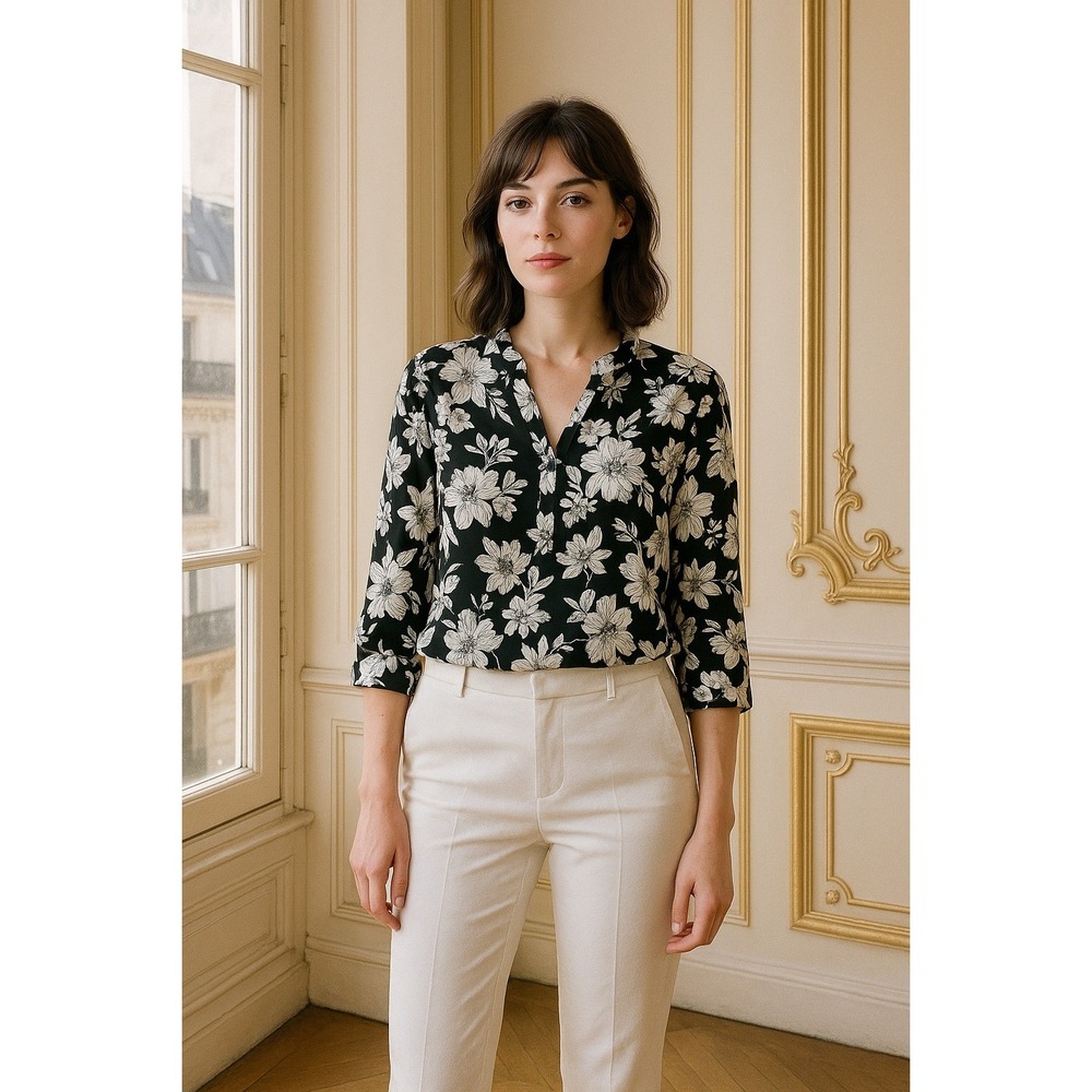 Croft & Barrow Blouse Top Floral Print 3/4 Sleeve Button V Neck